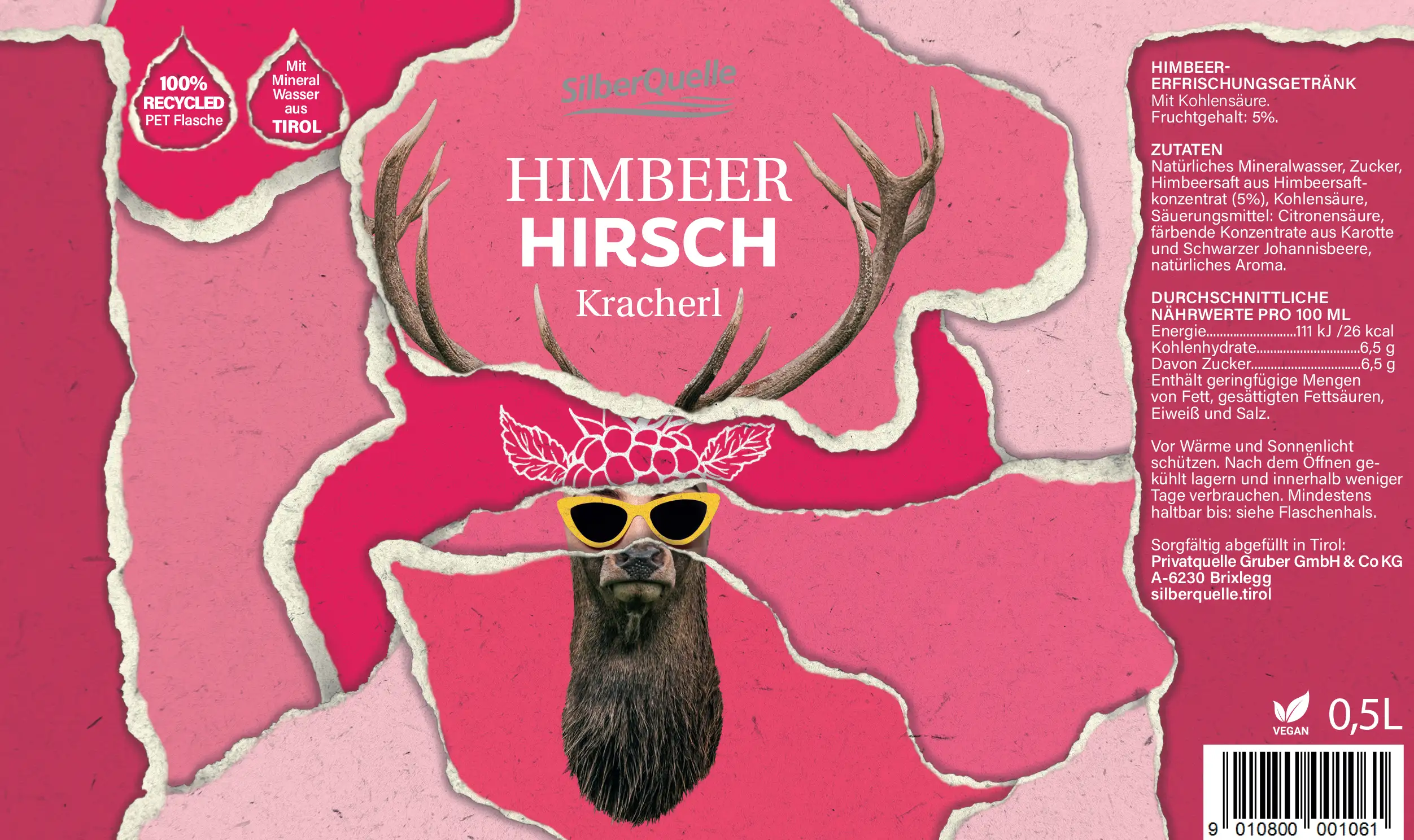 Neu gestaltetes Etikett fuer Himbeer Hirsch Kracherl